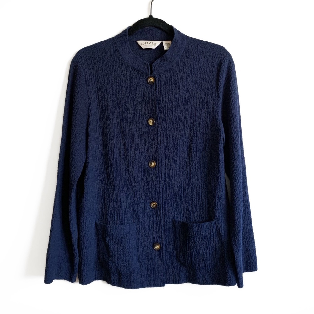 Orvis Women’s Button Front Mock Neck Textured Blouse Navy Blue